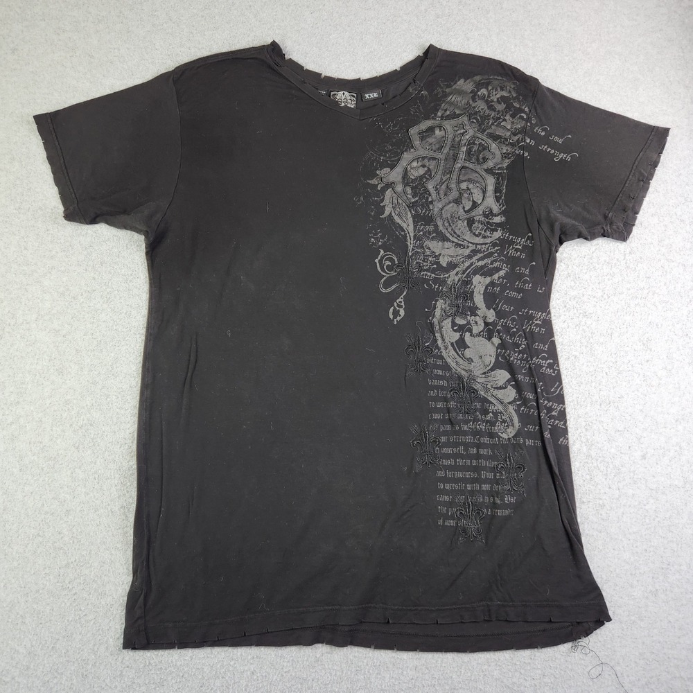 Roar T-Shirt Mens XXL Black Graphic‎ V-Neck Distressed Reverence Rock Biker Tee